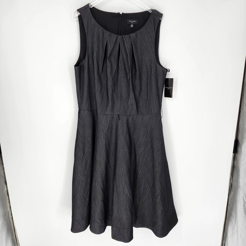 Tahari ASL Size 14 NWT Black Denim Look Fit Flare Pleated Midi Dress Corporate